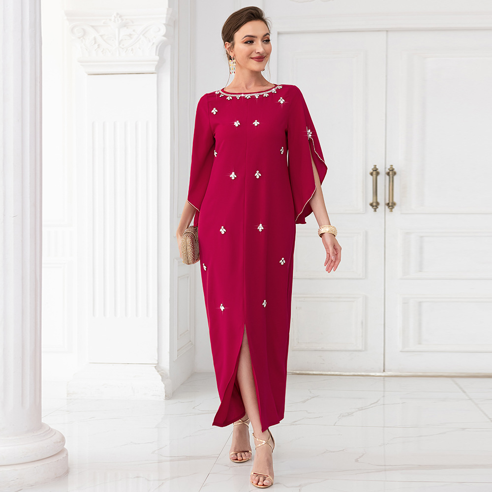 Women's clothing rose red one-line collar mid-sleeve long dress, lady style party, internet celebrity dress_autovado.com