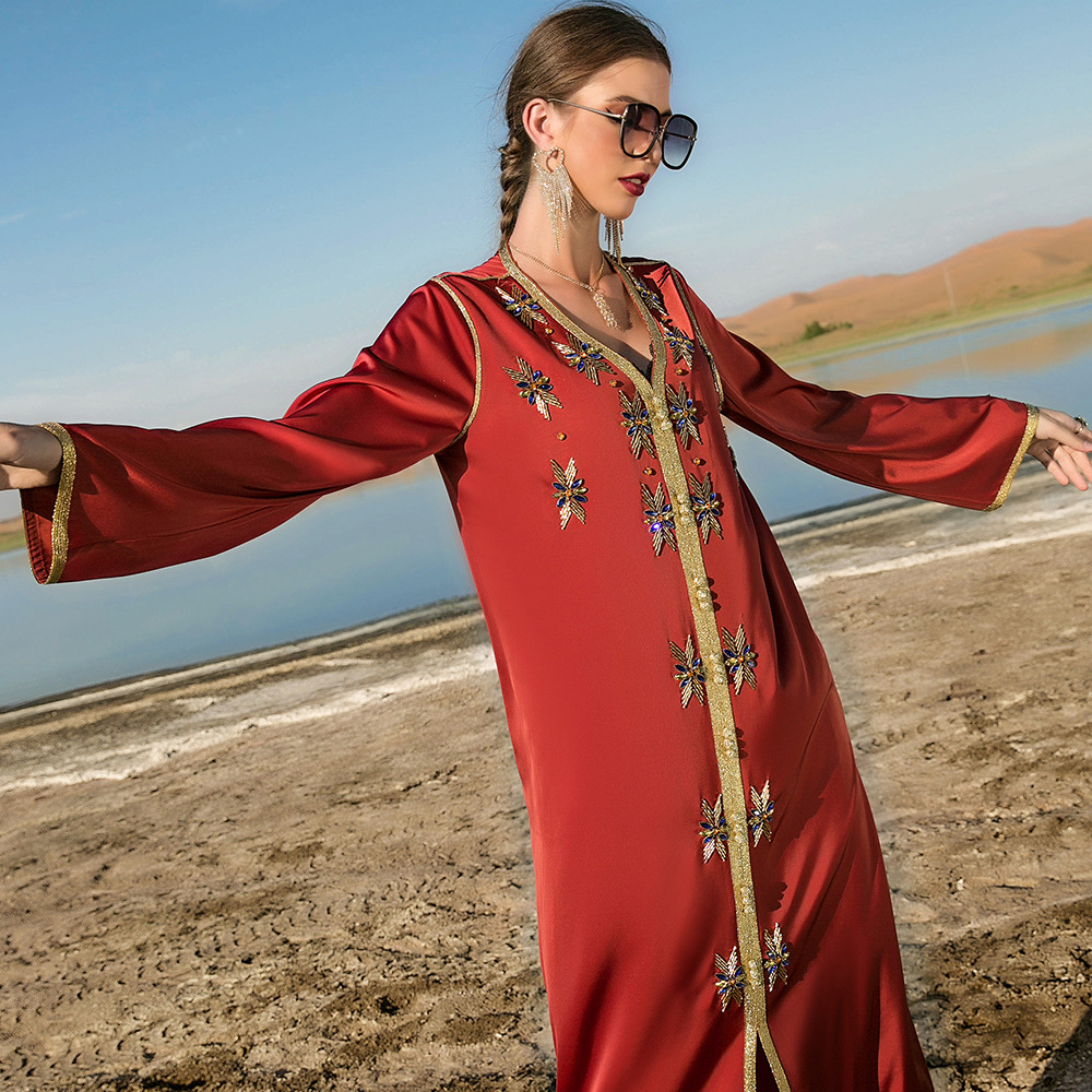 Burnt Orange Hand-stitched Glass Rhinestone Women's Arabic Dress Party Robe Middle Eastern Women's Clothing_autovado.com