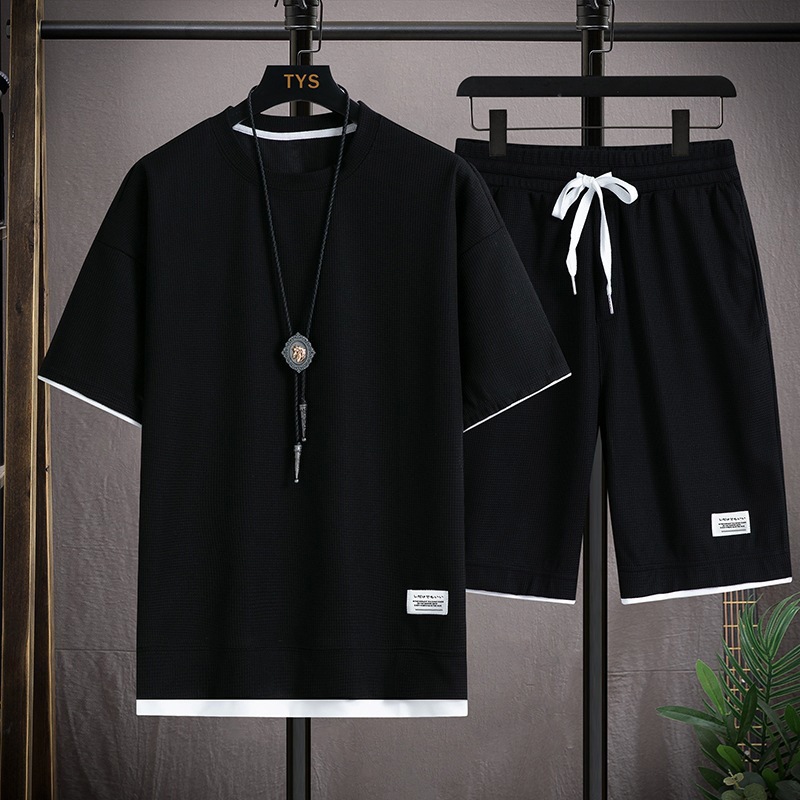 Men's Clothing Waffle T-shirt men's two-piece suit couple loose trendy large size five-point pants outdoor casual_autovado.com