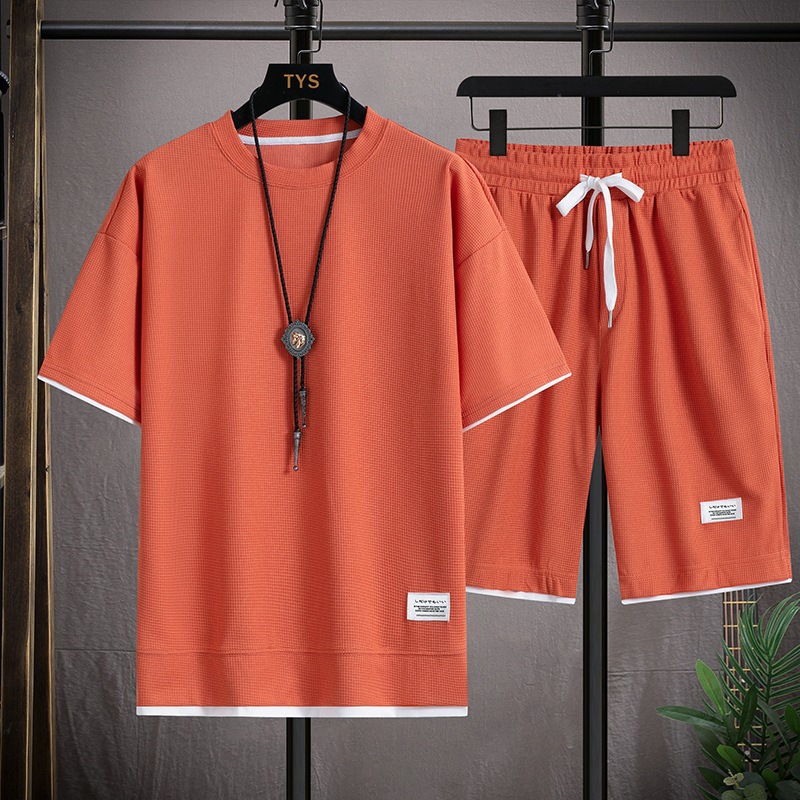 Men's Clothing Waffle T-shirt men's two-piece suit couple loose trendy large size five-point pants outdoor casual_autovado.com
