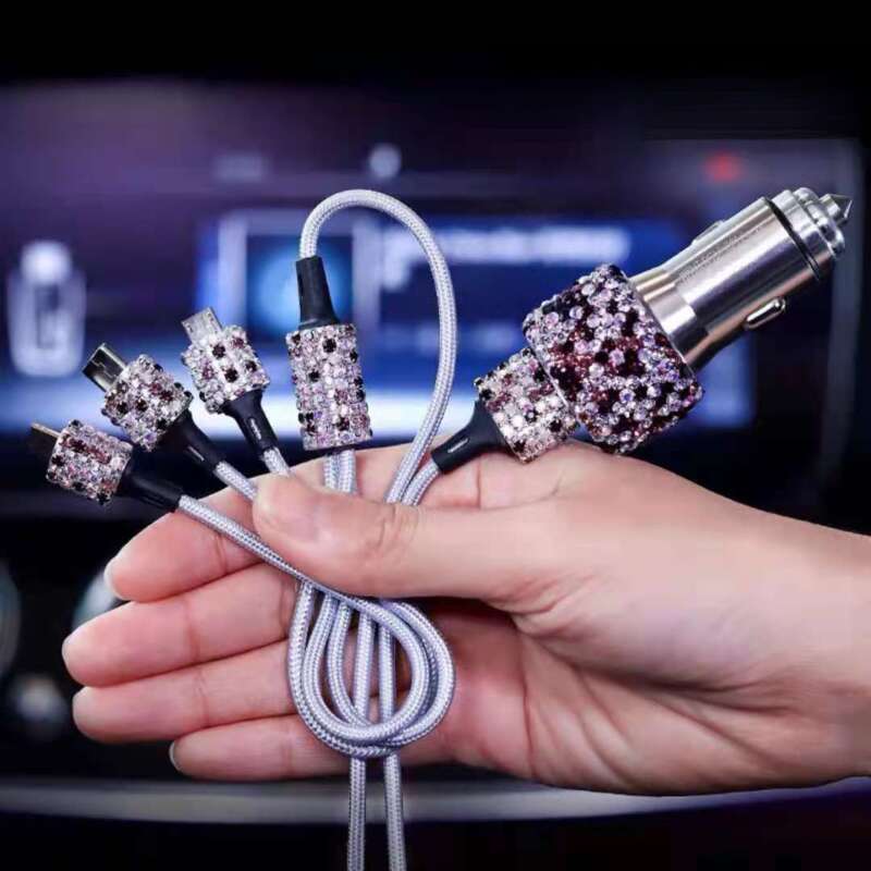 Car With Diamond Embedded One To Three Fast Charging Data Cable, Car USB Cigarette Lighter, Mobile Phone Charger_autovado.com