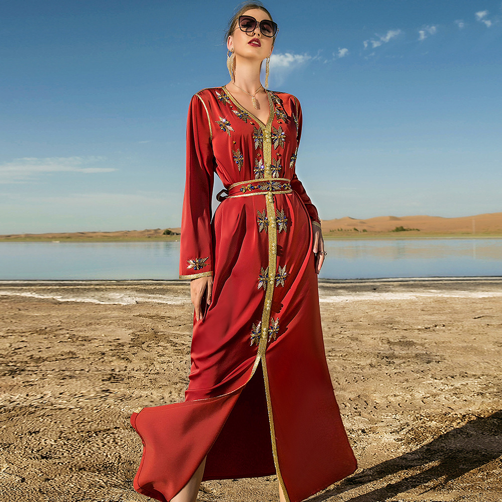 Burnt Orange Hand-stitched Glass Rhinestone Women's Arabic Dress Party Robe Middle Eastern Women's Clothing_autovado.com