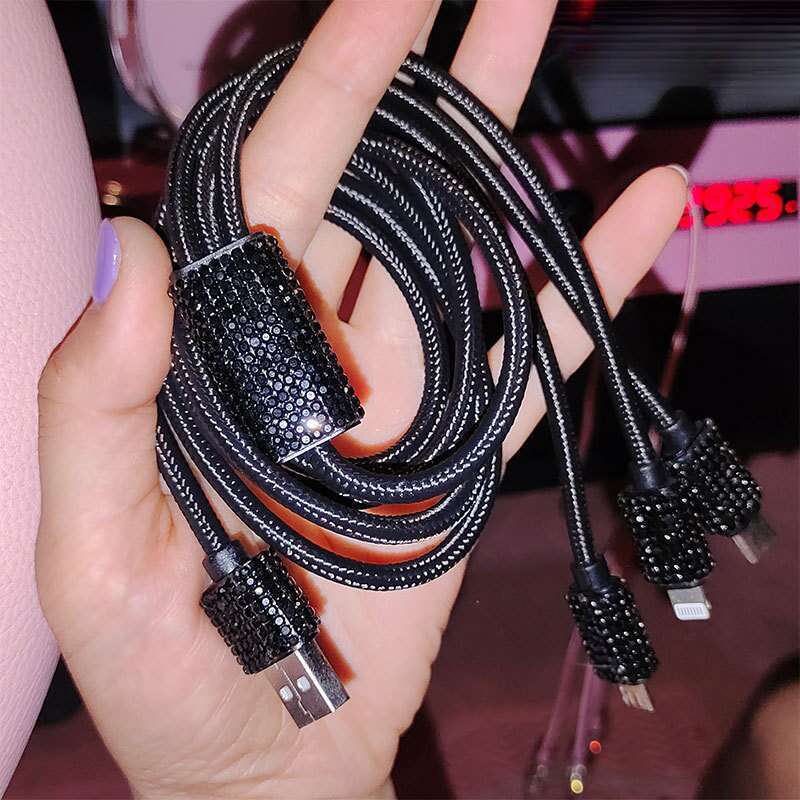 Car With Diamond Embedded One To Three Fast Charging Data Cable, Car USB Cigarette Lighter, Mobile Phone Charger_autovado.com