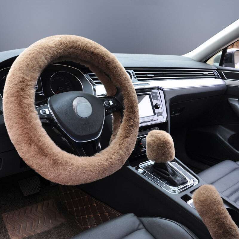 Steering Winter Otter Rabbit Fur Car Steering Wheel Plush Cartoon Handle Cover Three Piece Set Universal_autovado.com