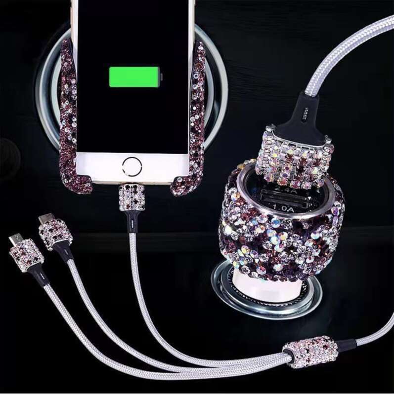 Car With Diamond Embedded One To Three Fast Charging Data Cable, Car USB Cigarette Lighter, Mobile Phone Charger_autovado.com