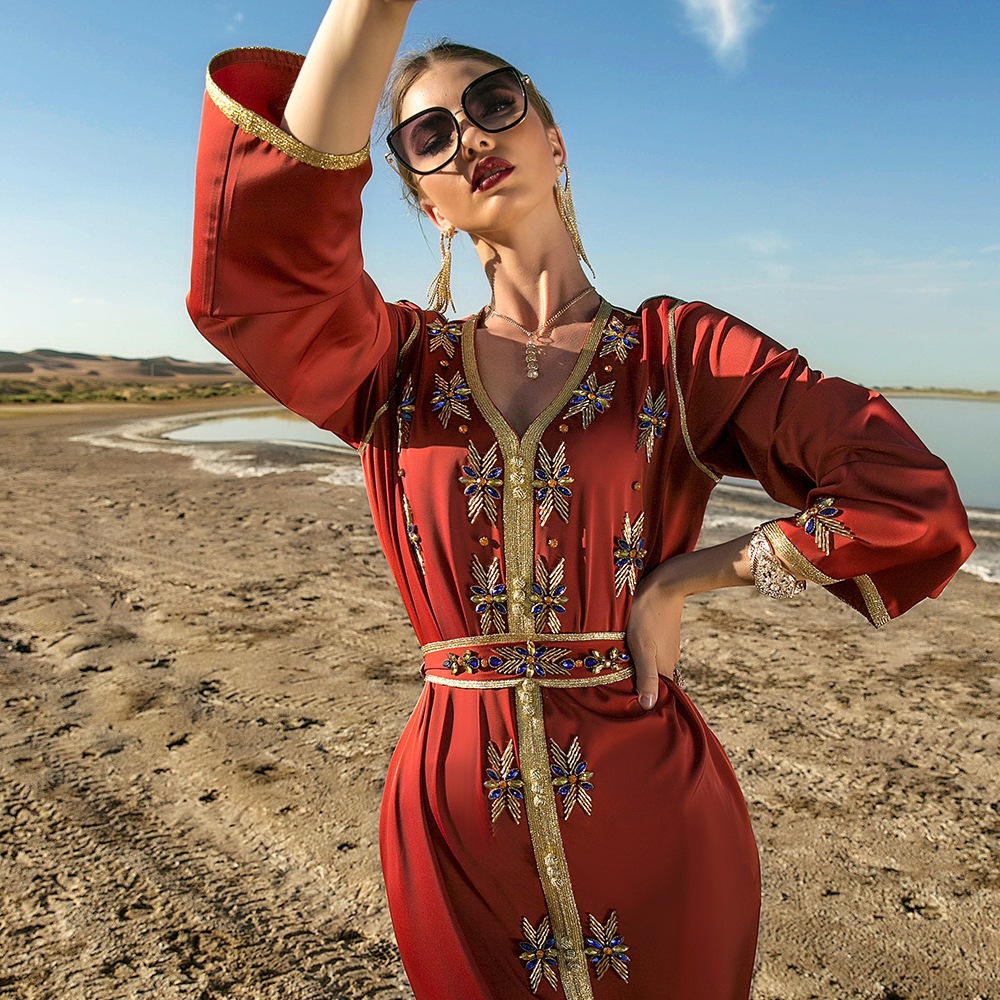 Burnt Orange Hand-stitched Glass Rhinestone Women's Arabic Dress Party Robe Middle Eastern Women's Clothing_autovado.com