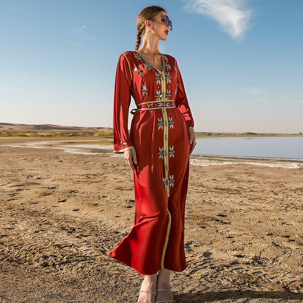 Burnt Orange Hand-stitched Glass Rhinestone Women's Arabic Dress Party Robe Middle Eastern Women's Clothing_autovado.com