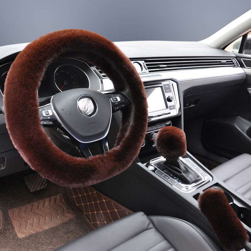 Steering Winter Otter Rabbit Fur Car Steering Wheel Plush Cartoon Handle Cover Three Piece Set Universal_autovado.com