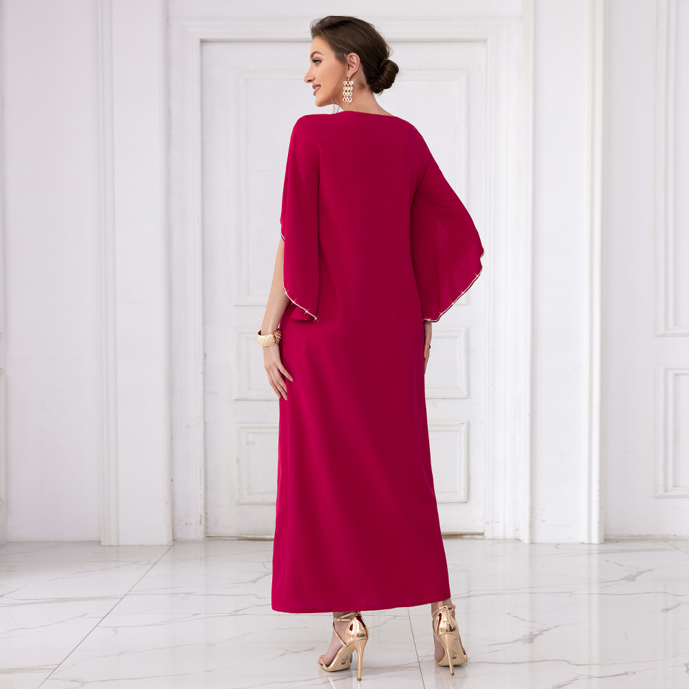 Women's clothing rose red one-line collar mid-sleeve long dress, lady style party, internet celebrity dress_autovado.com