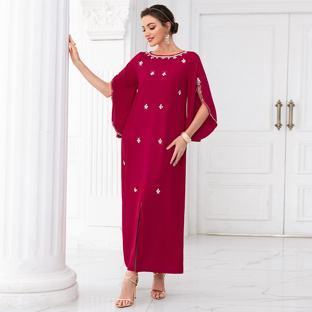 Women's clothing rose red one-line collar mid-sleeve long dress, lady style party, internet celebrity dress_autovado.com