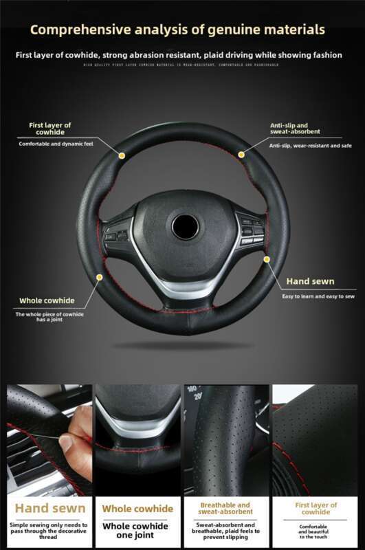 Head Layer Cowhide Hand Sewn Steering Wheel Cover For Buses, All-season General Vehicles, Genuine Leather Handle Covers_autovado.com