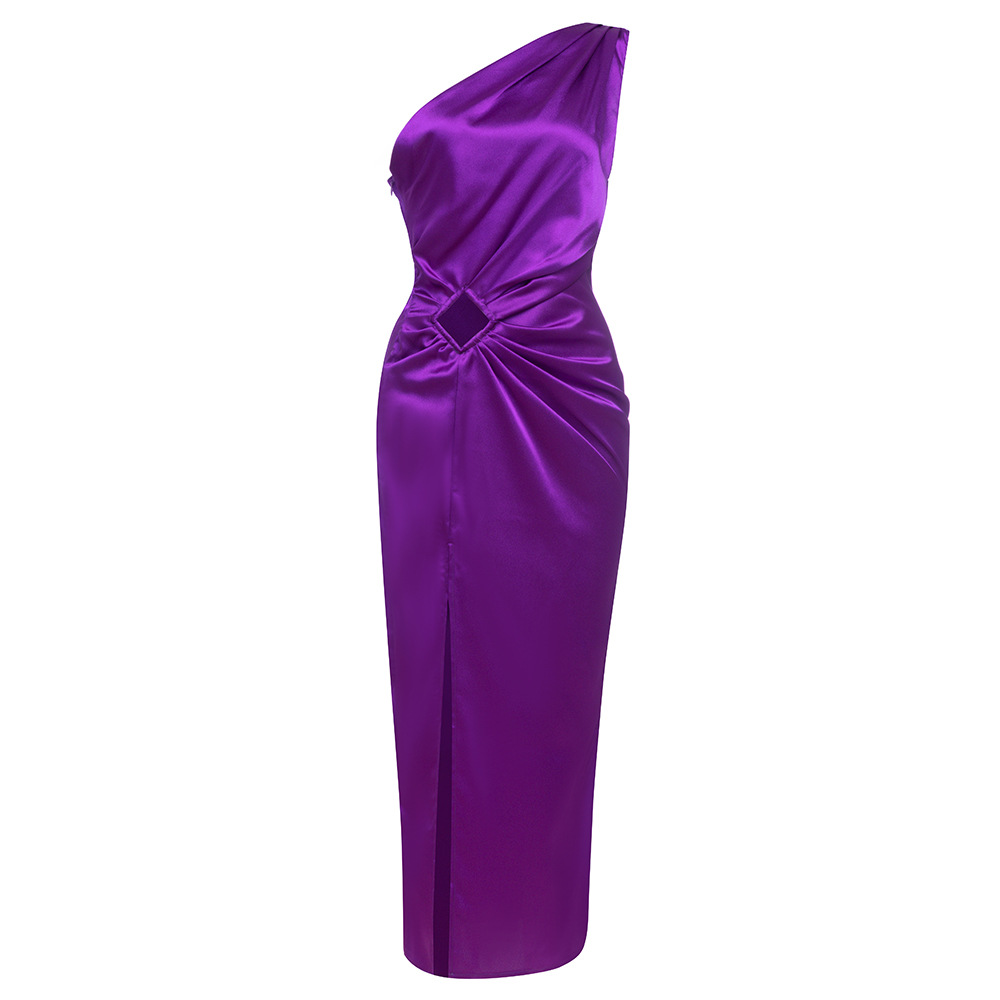 Women's long skirt with high waist and temperament for commuting solid color slanted shoulder temperament evening dress_autovado.com