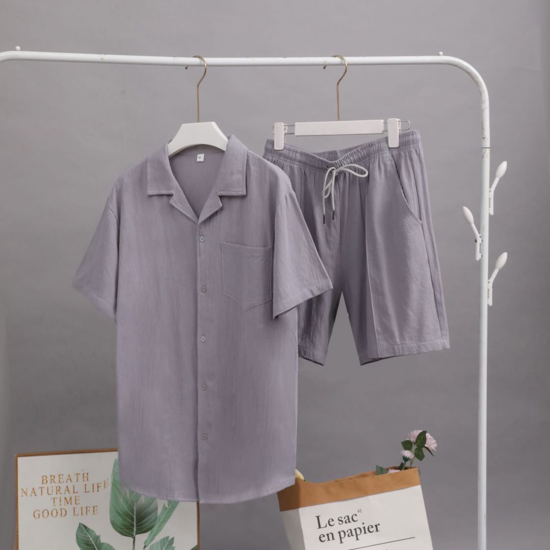 Men's Clothing 2024 New Short Sleeve Shirt Set Summer Loose Casual Cotton Linen Cardigan Shirt Spot Wholesale_autovado.com