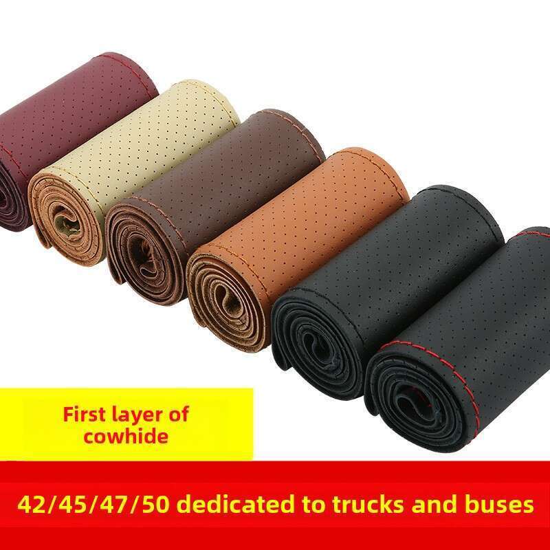 Head Layer Cowhide Hand Sewn Steering Wheel Cover For Buses, All-season General Vehicles, Genuine Leather Handle Covers_autovado.com
