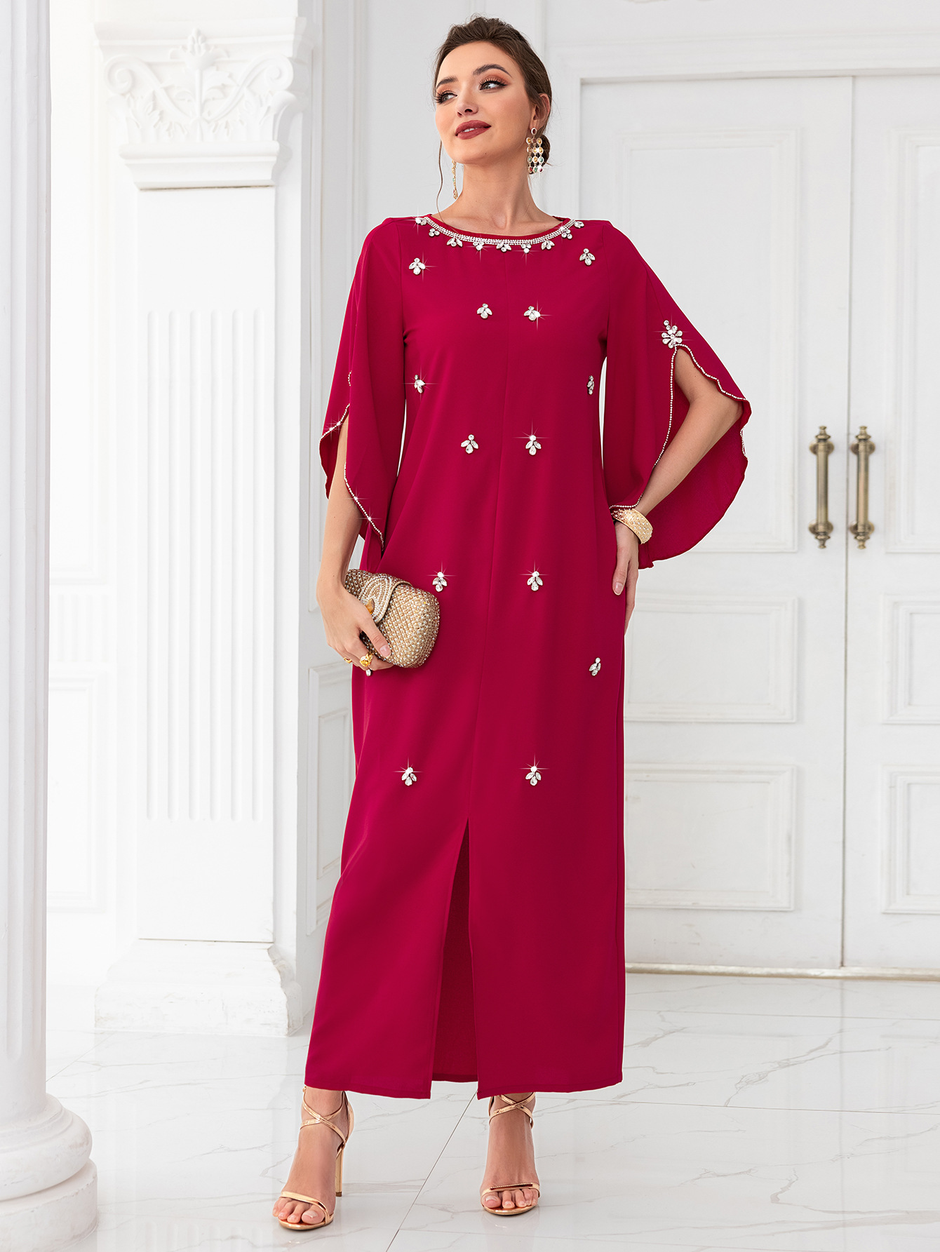 Women's clothing rose red one-line collar mid-sleeve long dress, lady style party, internet celebrity dress_autovado.com