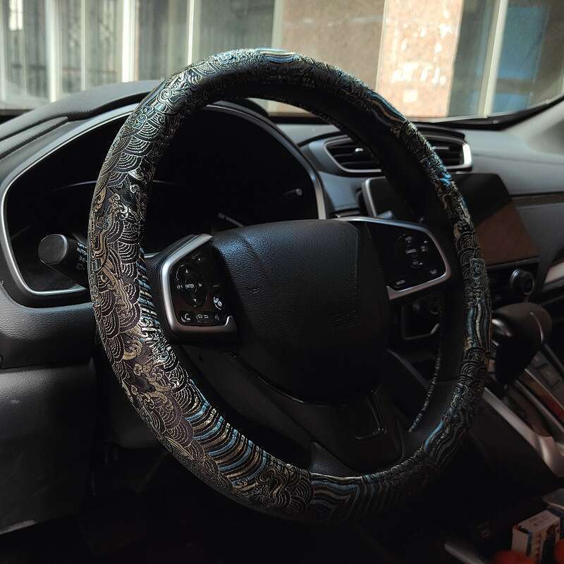 JDM Steering Wheel Woven Brocade Embroidery Black Four Season Universal China-Chic Anti-skid Handlebar Cover_autovado.com