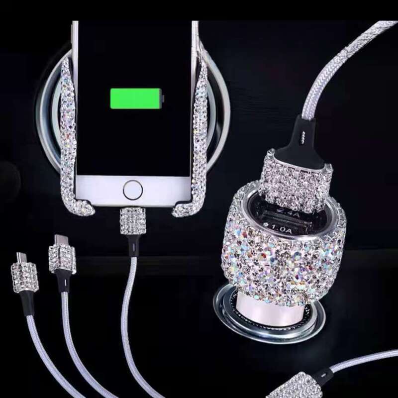 Car With Diamond Embedded One To Three Fast Charging Data Cable, Car USB Cigarette Lighter, Mobile Phone Charger_autovado.com