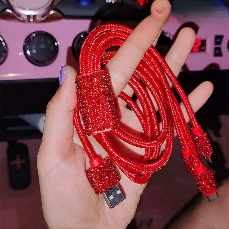 Car With Diamond Embedded One To Three Fast Charging Data Cable, Car USB Cigarette Lighter, Mobile Phone Charger_autovado.com
