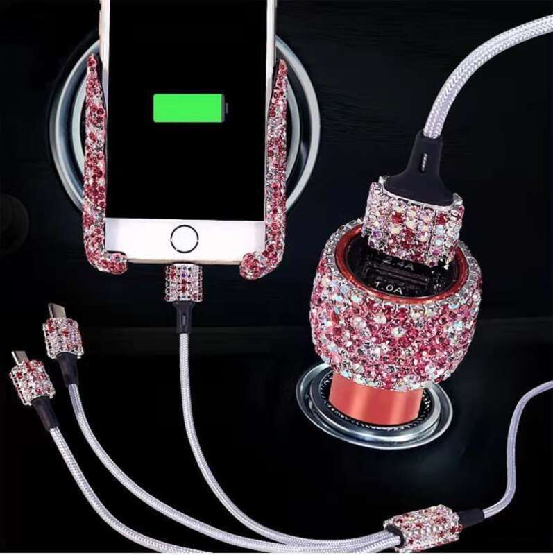 Car With Diamond Embedded One To Three Fast Charging Data Cable, Car USB Cigarette Lighter, Mobile Phone Charger_autovado.com