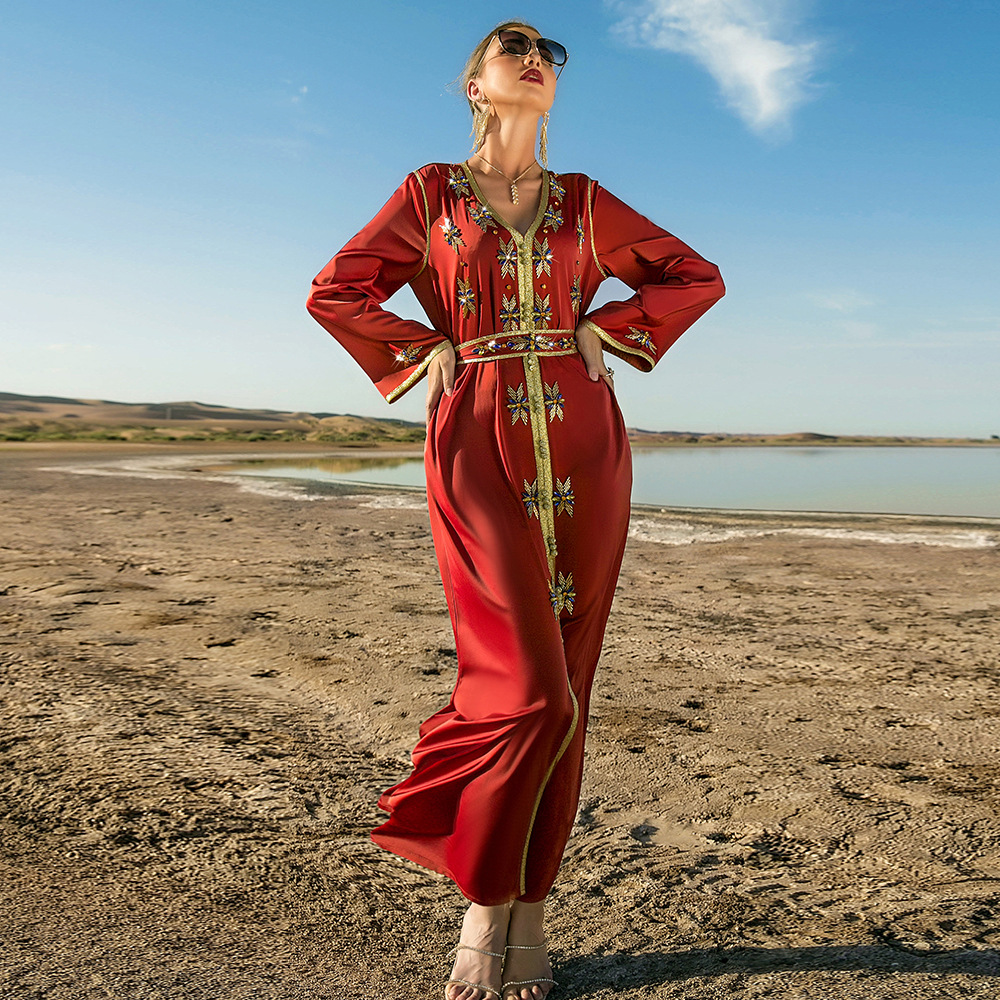 Burnt Orange Hand-stitched Glass Rhinestone Women's Arabic Dress Party Robe Middle Eastern Women's Clothing_autovado.com