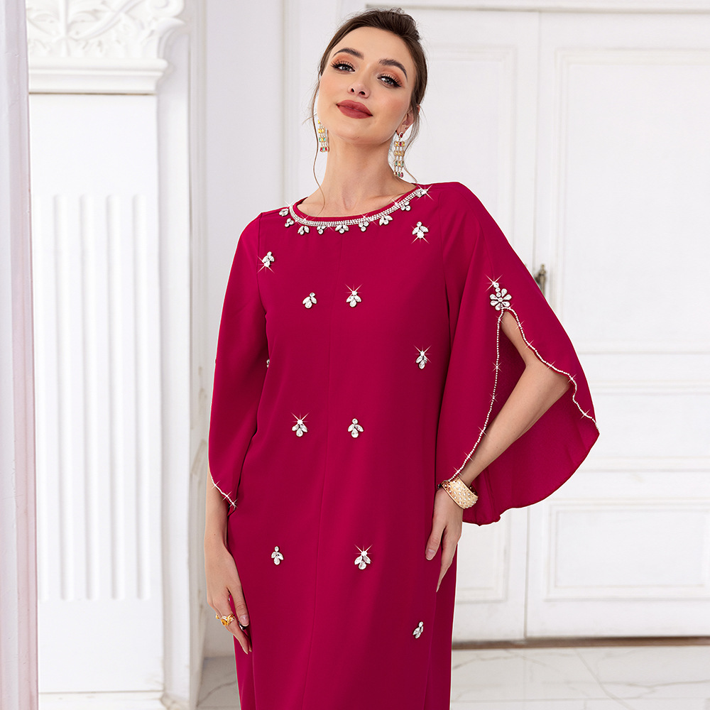 Women's clothing rose red one-line collar mid-sleeve long dress, lady style party, internet celebrity dress_autovado.com
