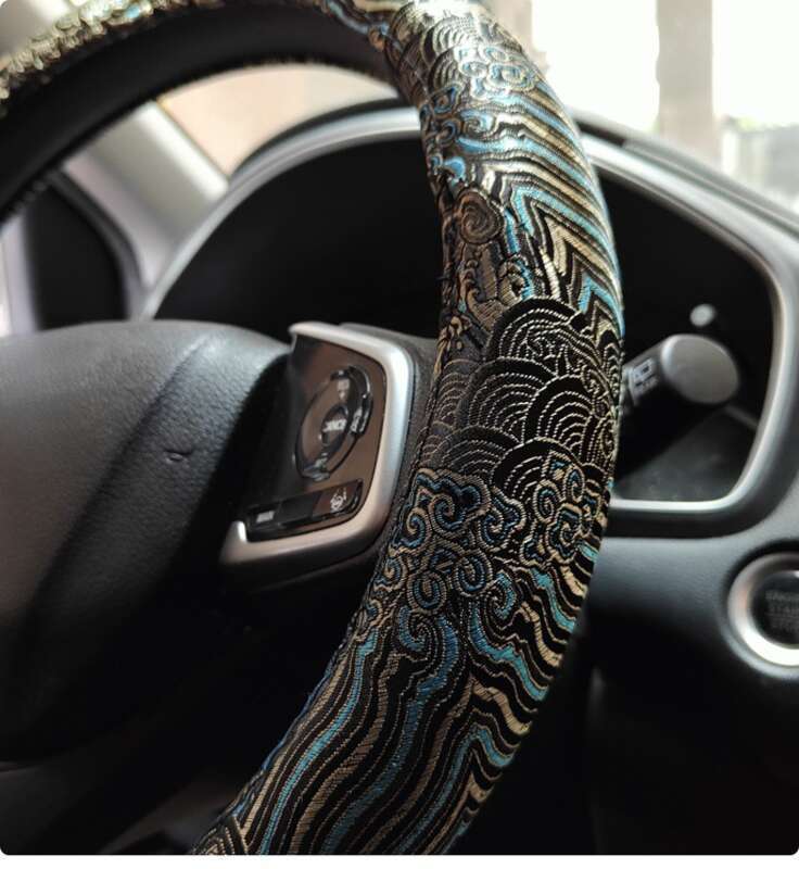 JDM Steering Wheel Woven Brocade Embroidery Black Four Season Universal China-Chic Anti-skid Handlebar Cover_autovado.com