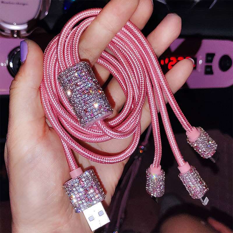 Car With Diamond Embedded One To Three Fast Charging Data Cable, Car USB Cigarette Lighter, Mobile Phone Charger_autovado.com