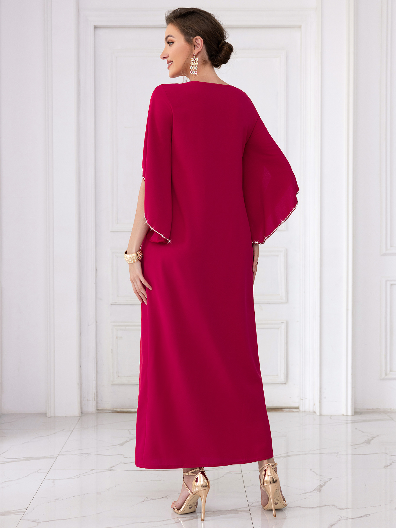 Women's clothing rose red one-line collar mid-sleeve long dress, lady style party, internet celebrity dress_autovado.com