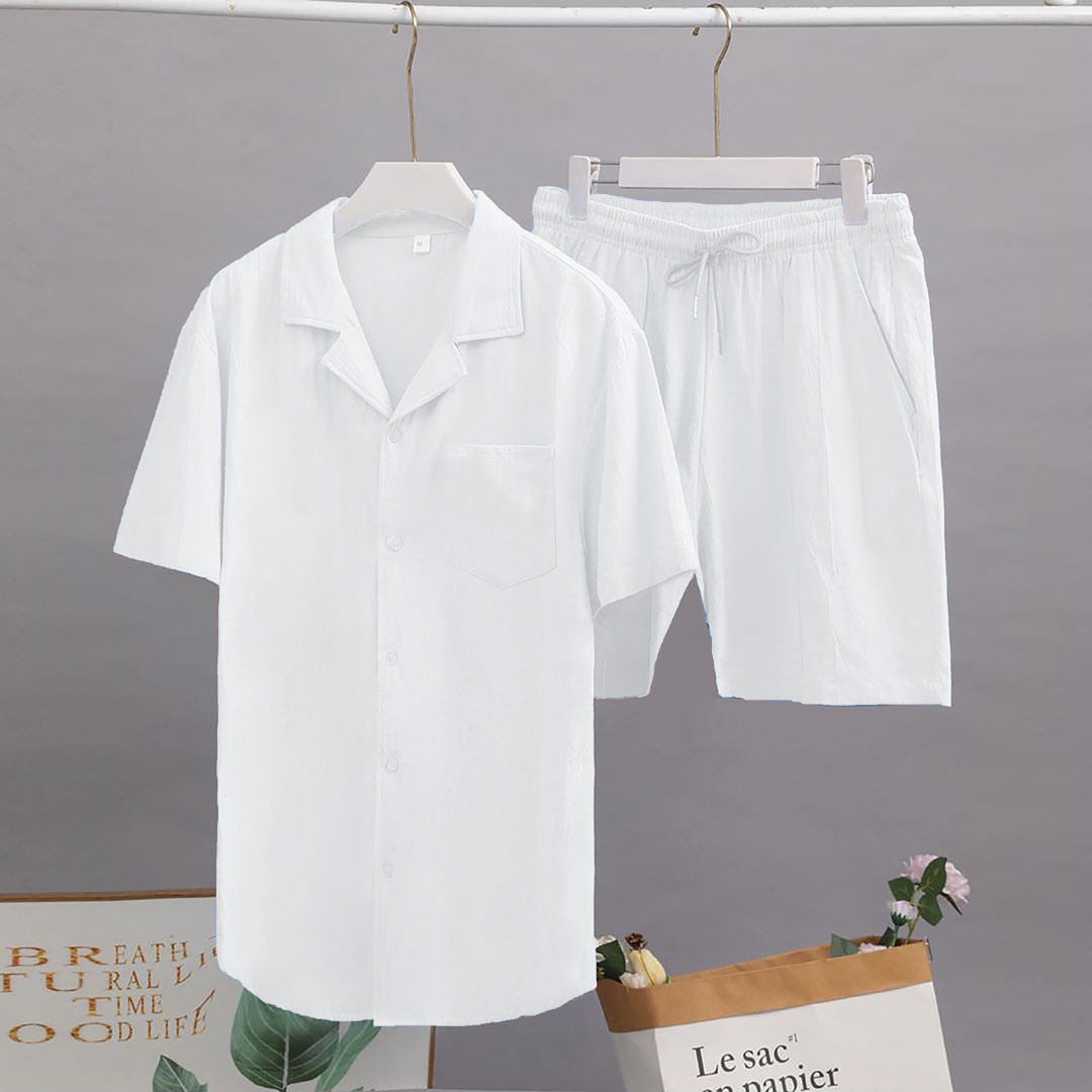 Men's Clothing 2024 New Short Sleeve Shirt Set Summer Loose Casual Cotton Linen Cardigan Shirt Spot Wholesale_autovado.com