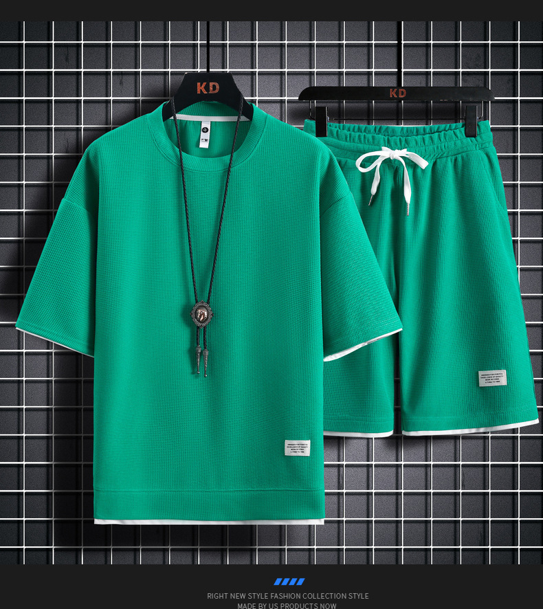 Men's Clothing Waffle T-shirt men's two-piece suit couple loose trendy large size five-point pants outdoor casual_autovado.com