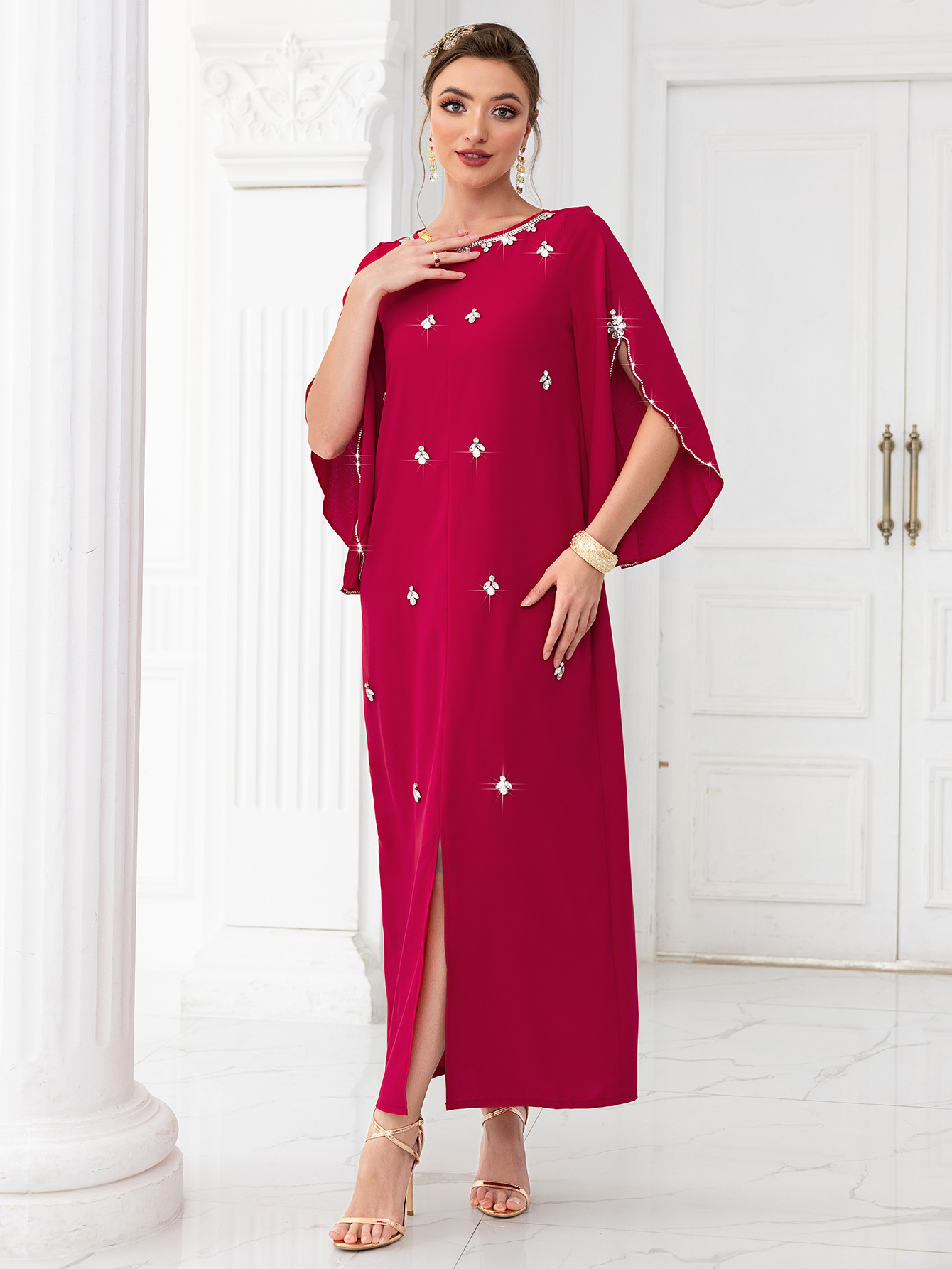 Women's clothing rose red one-line collar mid-sleeve long dress, lady style party, internet celebrity dress_autovado.com