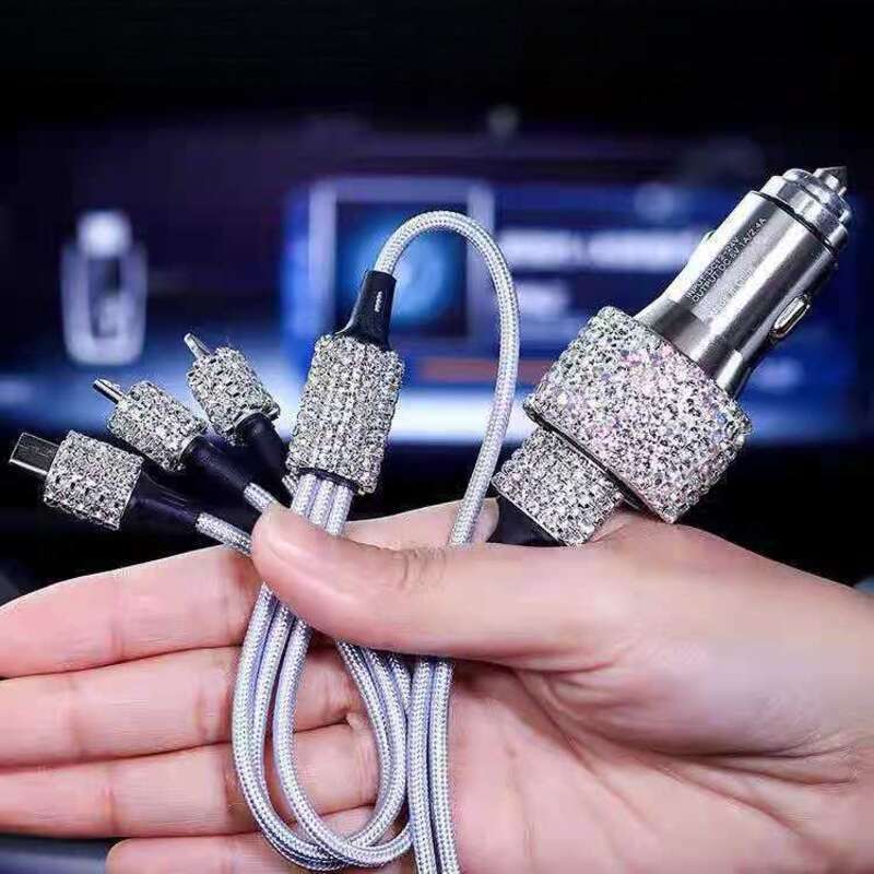Car With Diamond Embedded One To Three Fast Charging Data Cable, Car USB Cigarette Lighter, Mobile Phone Charger_autovado.com
