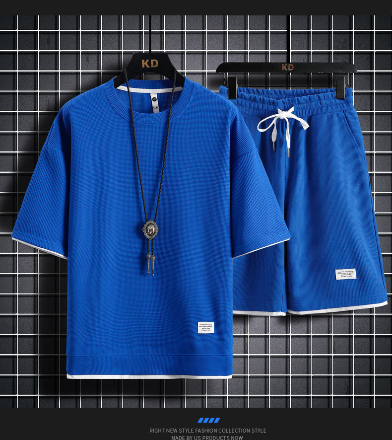 Men's Clothing Waffle T-shirt men's two-piece suit couple loose trendy large size five-point pants outdoor casual_autovado.com