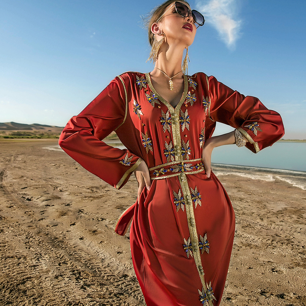 Burnt Orange Hand-stitched Glass Rhinestone Women's Arabic Dress Party Robe Middle Eastern Women's Clothing_autovado.com