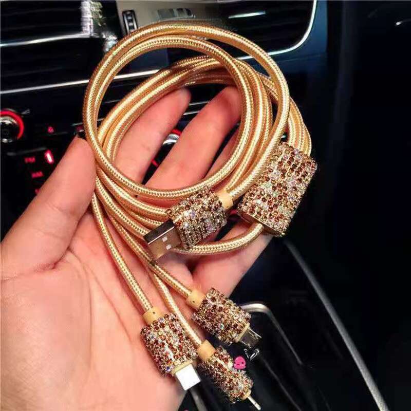 Car With Diamond Embedded One To Three Fast Charging Data Cable, Car USB Cigarette Lighter, Mobile Phone Charger_autovado.com
