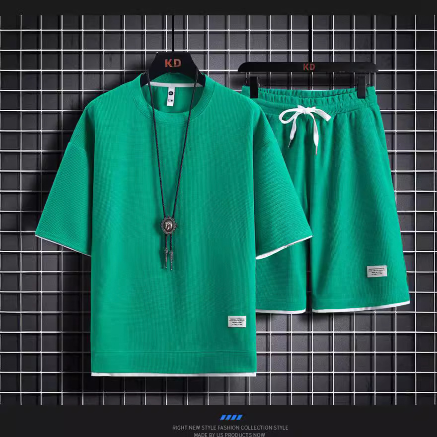 Men's Clothing Waffle T-shirt men's two-piece suit couple loose trendy large size five-point pants outdoor casual_autovado.com
