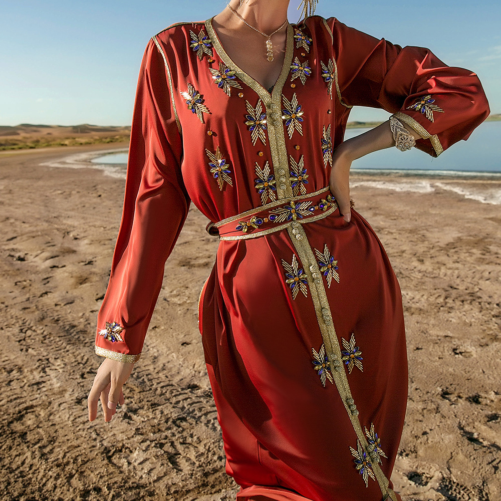 Burnt Orange Hand-stitched Glass Rhinestone Women's Arabic Dress Party Robe Middle Eastern Women's Clothing_autovado.com