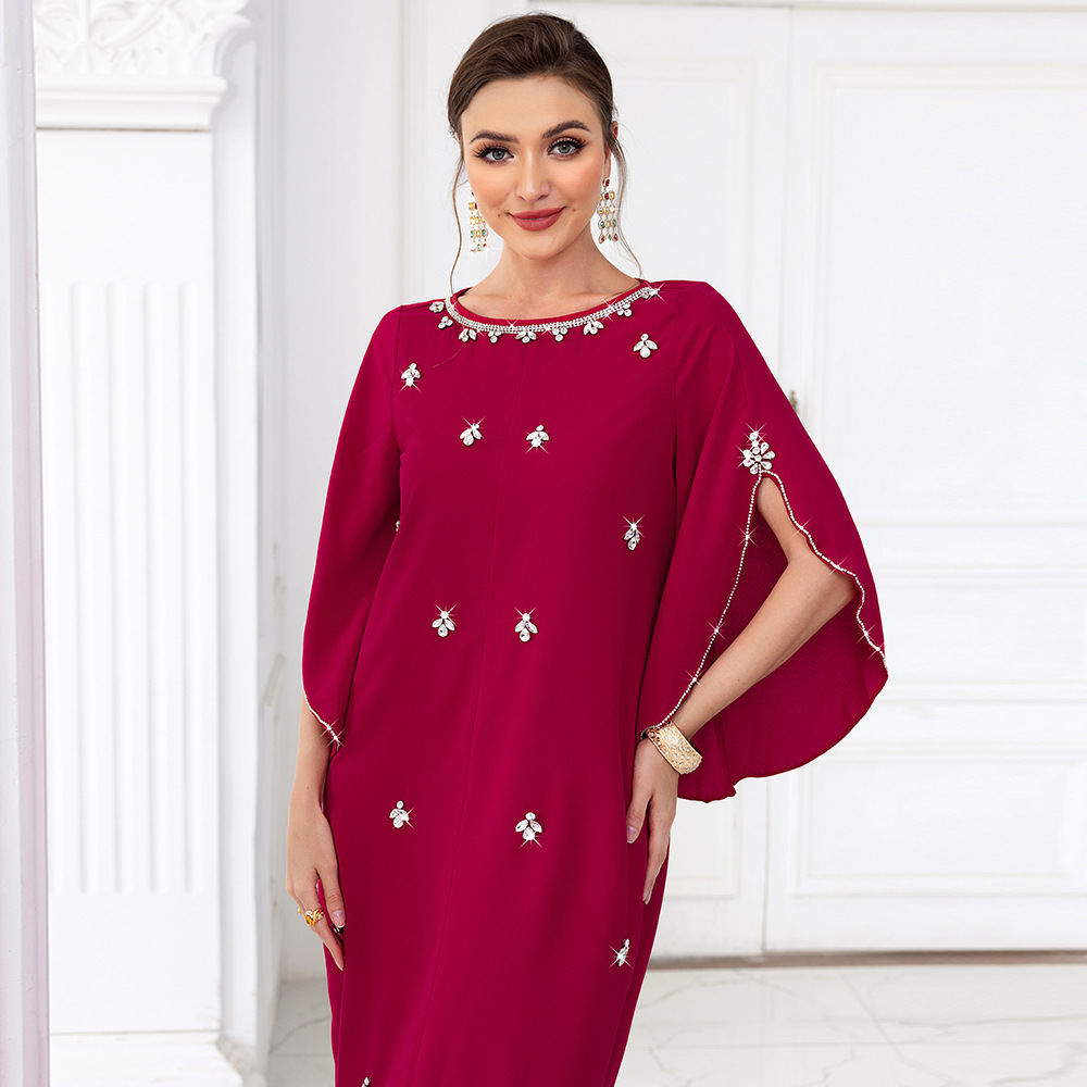 Women's clothing rose red one-line collar mid-sleeve long dress, lady style party, internet celebrity dress_autovado.com