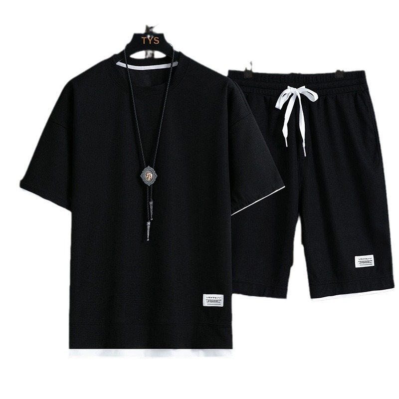 Men's Clothing Waffle T-shirt men's two-piece suit couple loose trendy large size five-point pants outdoor casual_autovado.com