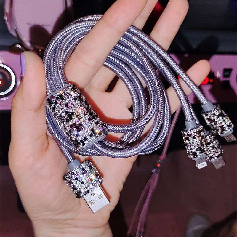 Car With Diamond Embedded One To Three Fast Charging Data Cable, Car USB Cigarette Lighter, Mobile Phone Charger_autovado.com