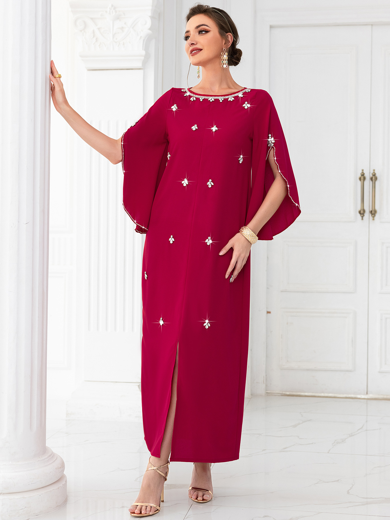 Women's clothing rose red one-line collar mid-sleeve long dress, lady style party, internet celebrity dress_autovado.com