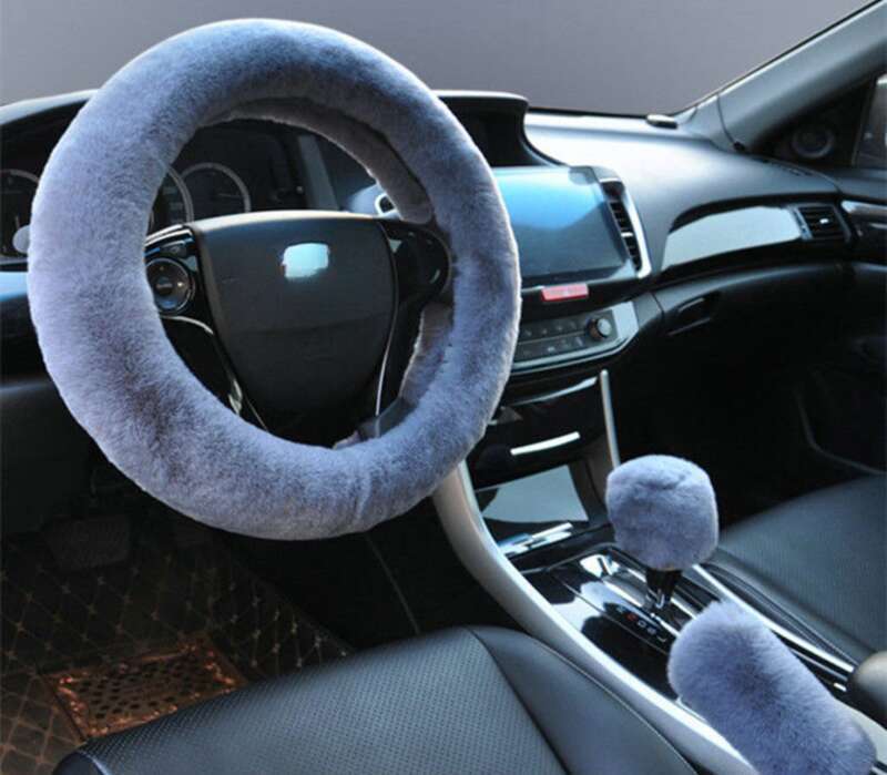 Steering Winter Otter Rabbit Fur Car Steering Wheel Plush Cartoon Handle Cover Three Piece Set Universal_autovado.com
