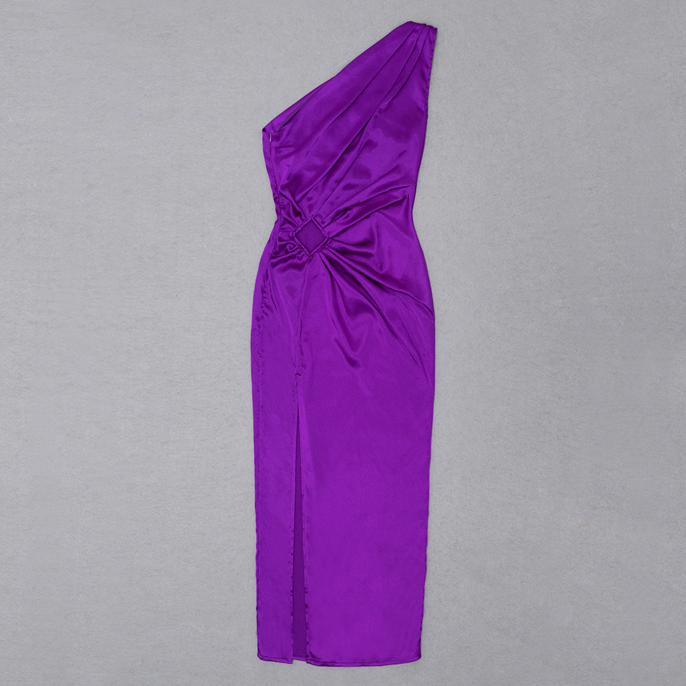 Women's long skirt with high waist and temperament for commuting solid color slanted shoulder temperament evening dress_autovado.com
