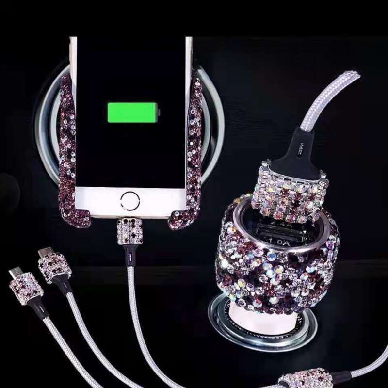 Car With Diamond Embedded One To Three Fast Charging Data Cable, Car USB Cigarette Lighter, Mobile Phone Charger_autovado.com