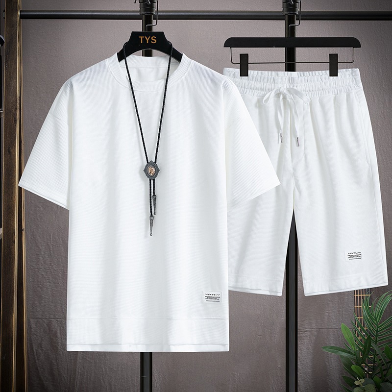 Men's Clothing Waffle T-shirt men's two-piece suit couple loose trendy large size five-point pants outdoor casual_autovado.com
