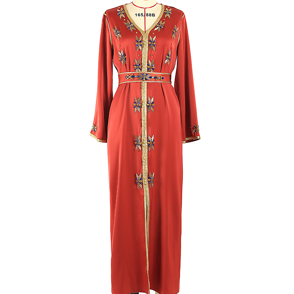 Burnt Orange Hand-stitched Glass Rhinestone Women's Arabic Dress Party Robe Middle Eastern Women's Clothing_autovado.com