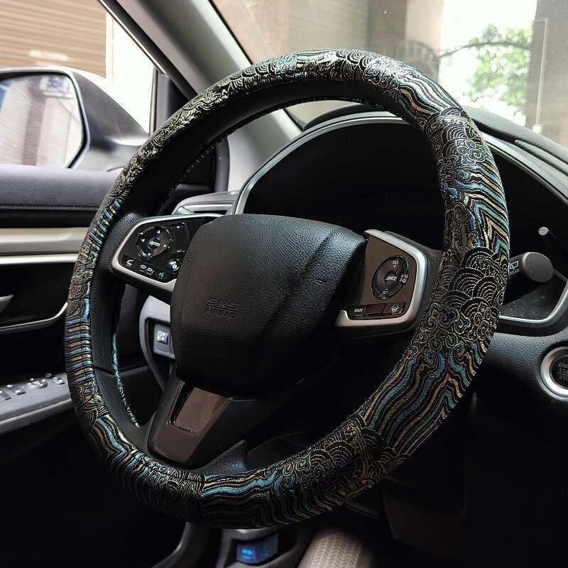 JDM Steering Wheel Woven Brocade Embroidery Black Four Season Universal China-Chic Anti-skid Handlebar Cover_autovado.com