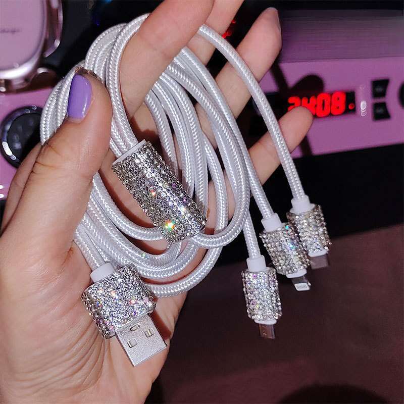 Car With Diamond Embedded One To Three Fast Charging Data Cable, Car USB Cigarette Lighter, Mobile Phone Charger_autovado.com