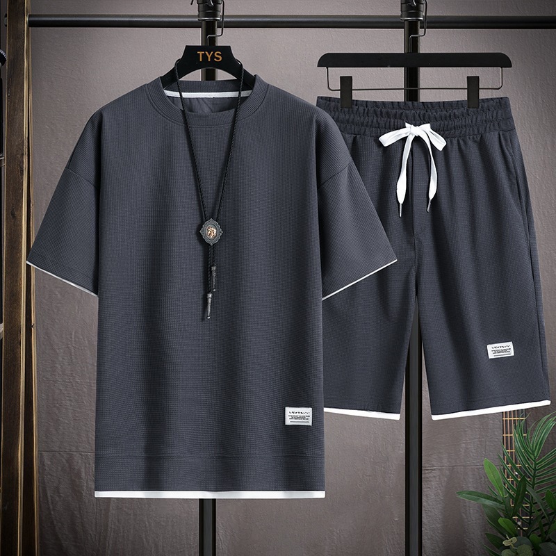 Men's Clothing Waffle T-shirt men's two-piece suit couple loose trendy large size five-point pants outdoor casual_autovado.com