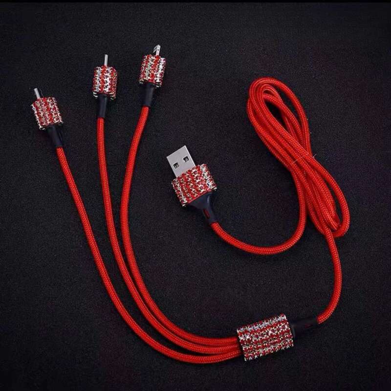 Car With Diamond Embedded One To Three Fast Charging Data Cable, Car USB Cigarette Lighter, Mobile Phone Charger_autovado.com